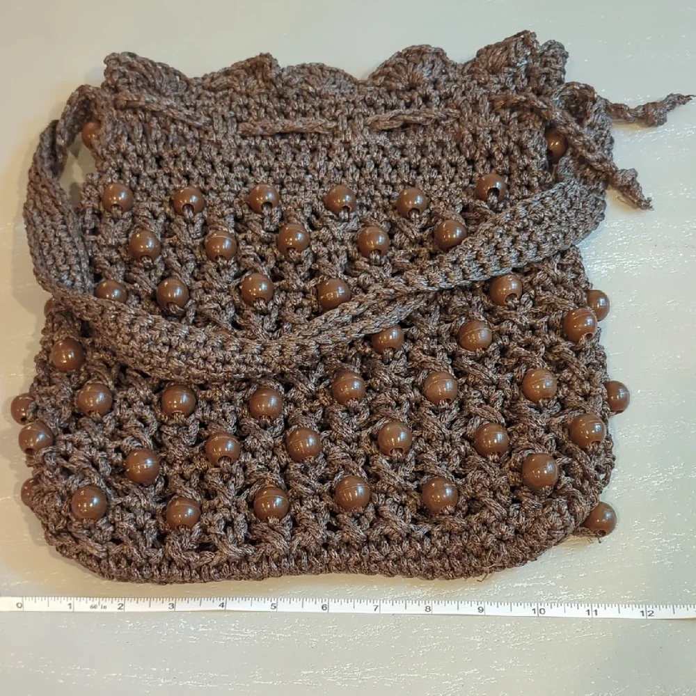 Brown Beaded Crochet Handbag Y2K Hobo Boho‎ Hippie